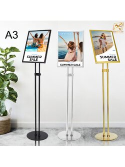 โปสเตอร์สแตนด์ ขนาดA3 ฐานกลม เสาคู่ โชว์งานพิมพ์ 1 ด้าน ปรับเอียง 360 องศา ปรับแนวตั้ง-แนวนอน และปรับสูง-ต่ำได้