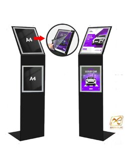 โปสเตอร์สแตนด์ตั้งพื้น รุ่นโชว์รูมรถ-แม่เหล็ก ขนาด A4 สีดำ ใส่งานพิมพ์ได้ 2 ที่ ด้านบนและด้านล่าง เปลี่ยนงานพิมพ์ได้ง่าย