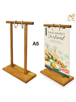 เมนูตั้งโต๊ะ ป้ายตั้งโต๊ะ ขนาด A5 ทำจากไม้จริงทำสีสัก พร้อมห่วง 2 อัน