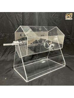 กล่องจับรางวัลอะคริลิค6เหลี่ยม ตั้งโต๊ะ ขนาดกล่อง (W)60 x (D)35 cm. มือหมุน ฝาปิดมีกุญแจล็อค แกนหมุนอย่างดี