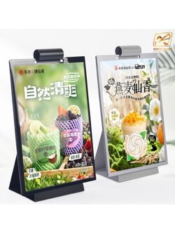 เมนูตั้งโต๊ะ รุ่น D9 วัสดุเหล็ก สีเงินและสีดำ ขนาด A5และA4 พร้อมซองพลาสติก 6 ซอง สอดงานพิมพ์ด้านข้าง โชว์งานพิมพ์ได้ 2 หน้า