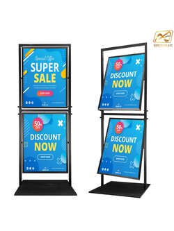 ป้ายตั้งพื้นเหล็ก สีดำ รุ่น 2 เฟรม หมุนได้ 360 องศา ขนาด 50×70 ซม. พร้อมอะคริลิคใสหนา 2 มม. 2 แผ่น สอดงานพิมพ์ทางด้านบน โชว์ภาพ 2 ด้าน