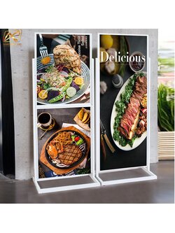 CLEARANCE SALE! ป้ายตั้งพื้น กรอบคู่ สีขาว มีล้อ (W) 58 × (L) 73 x (H) 160 cm. สอดงานด้านบน โชว์ภาพ2ด้าน ถอดประกอบได้