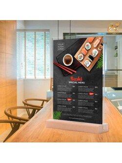 ป้ายตั้งโต๊ะ รุ่น T3 ฐานไม้จริงสีบีช พร้อมอะคริลิค หนา 2 มม.2แผ่นประกบ โชว์งานพิมพ์2ด้าน