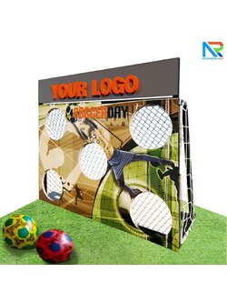 เกมส์ฟุตบอล ขนาด (W)150 x (H) 135 cm. โครงเหล็กปิดทับด้วยแผ่นซิงค์ เจาะวงกลม พร้อมตาข่าย แถม ฟุตบอล 2 ลูก ( พร้อมสติ๊กเกอร์ตามแบบลูกค้า)