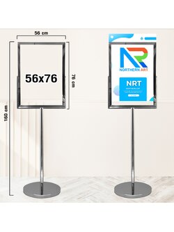 โปสเตอร์สแตนด์ สแตนเลส304 ขนาด56x76 ซม. ฐานกลม เสาเดี่ยว อะคริลิคหนา3มม.ประกบ2แผ่น โชว์งานพิมพ์2ด้าน