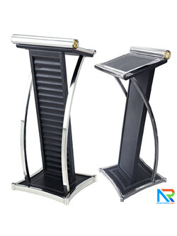 เช่าโพเดียมไม้MDF หุ้มหนังสีดำ ตกแต่งโค้งสแตนเลส ด้านข้าง Top และฐานหุ้มสแตนเลส