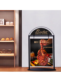 ป้ายตั้งพื้น ป้้ายมินิมอล เหล็กสีดำ ขนาด (W)59 x (H)95 cm. โชว์งานพิมพ์ 2 ด้าน ฐานวงรี ถอดประกอบได้