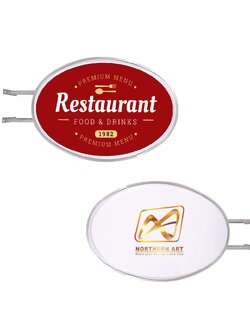 ตู้ไฟ ป้ายไฟ LED วงรี 2 หน้า ขอบสีเงิน อะคริลิคปั๊มนูน มีขายื่น ติดตั้งง่าย