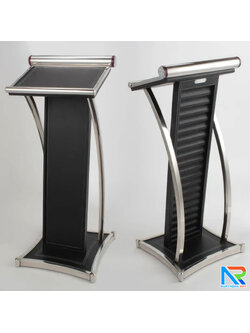 PODIUM โพเดียมไม้ MDF หุ้มหนังสีดำ ตกแต่งโค้งสแตนเลส ด้านข้าง Top และฐานหุ้มสแตนเลส