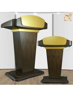 โพเดียมลายไม้ สีโอ๊คน้ำตาล และสีทอง รุ่น PD-07 ขนาดTOP (W) 90 x (L) 47 สูง 120 ซม. พร้อมชั้นวางของ