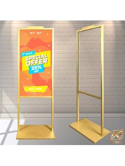 ป้ายตั้งพื้นเหล็ก สีทอง ขนาด (W)44 x (H)135 cm. เสาคู่ ฐานเหล็ก สีทอง โชว์งานพิมพ์ 2 ด้าน ใส่โลโก้ได้ ถอดประกอบได้