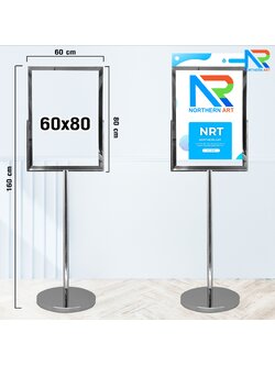 โปสเตอร์สแตนด์ สแตนเลส304 ขนาด60x80 ซม. ฐานกลม เสาเดี่ยว อะคริลิคหนา3มม.ประกบ2แผ่น โชว์งานพิมพ์2ด้าน