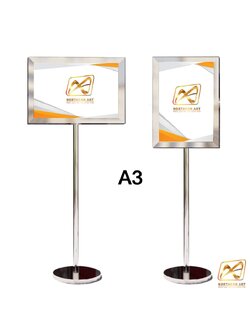 โปสเตอร์สแตนด์ 2 หน้า A3 ฐานกลม เสาเดี่ยว สแตนเลส 304 สอดงานพิมพ์ด้านบน โชว์งานพิมพ์ 2 ด้าน พร้อมอะคริลิค2แผ่นประกบ