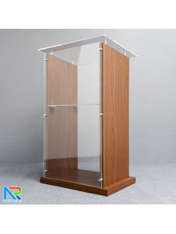 โพเดียมไม้ TOPอะคริลิคใส ปิดผิวลามิเนตลายไม้ สี WALNUT ขนาด (W)70 x (D)54 x (H)119 cm. พร้อมชั้นวางของอะคริลิคใส