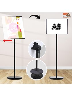 โปสเตอร์สแตนด์ ขนาด A3 สีดำ ฐานกลม เสาเดี่ยว สอดภาพจากด้านข้าง เปลี่ยนมุมเอน ปรับแนวตั้ง-แนวนอนได้