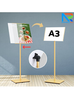 โปสเตอร์สแตนด์ ขนาด A3 สีทอง ฐานเหลี่ยม เสาเดี่ยว สอดภาพจากด้านข้าง เปลี่ยนมุมเอน ปรับแนวตั้ง-แนวนอนได้