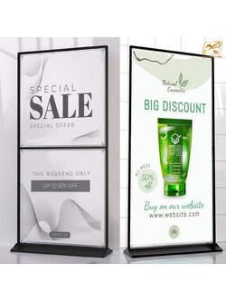 ป้ายตั้งพื้น รุ่นแขวน แบบ 2 เฟรม ฐานพลาสติกขึ้นรูป ขนาด 100x200 ซม. โครงเหล็กสีดำพร้อมขอแขวน 4 มุม ถอดประกอบได้ เคลื่อนย้ายสะดวก