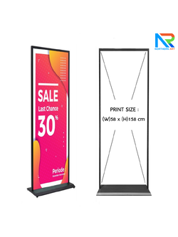 ป้ายตั้งพื้น ฐานเหล็กสีดำ ขนาด (W) 60 x (H) 160 cm. โชว์งานพิมพ์ 2 ด้าน ถอดประกอบได้ เคลื่อนย้ายสะดวก