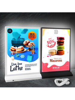 ป้ายตั้งโต๊ะ LED ขนาด A4 แนวตั้ง สีดำ และ สีขาว พร้อมสาย USB โชว์งานพิมพ์สองด้าน สอดงานพิมพ์ด้านบน