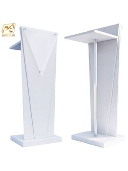 โพเดียมไม้สีขาว ทรงสามเหลี่ยม ขนาด (W) 45 x (L) 35 x (H) 118 cm. ด้านหน้าอะคริลิคใส ติดหมุด สำหรับติดโลโก้