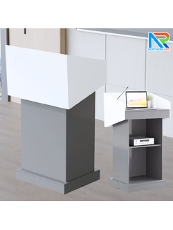 โพเดียมไม้MDF ทูโทน สีขาว และสีเทา ขนาด (W)73 x (L)54 x (H)117 cm. พร้อมชั้นวาง