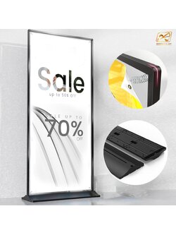 ป้ายตั้งพื้น รุ่นแขวน ฐานพลาสติกขึ้นรูป ขนาด 80x180 ซม. โครงเหล็กสีดำพร้อมขอแขวน 4 มุม ถอดประกอบได้ เคลื่อนย้ายสะดวก