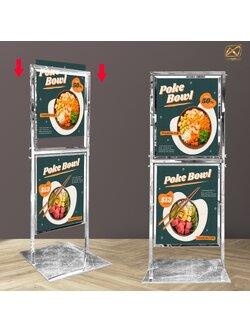 โปสเตอร์สแตนด์ สแตนเลส รุ่น 2 เฟรม หมุนได้ 360 องศา ขนาด 50×70 ซม สแตนเลสเกรด 304 ไม่เป็นสนิม โชว์งานพิมพ์ 2 ด้าน สอดงานพิมพ์ด้านบน