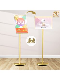 โปสเตอร์สแตนด์ ขนาด A4 ฐานกลม สีทอง เสาเดี่ยว สอดภาพจากด้านข้าง เปลี่ยนมุมเอน ปรับแนวตั้ง-แนวนอนได้