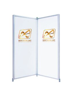 บอร์ดนิทรรศการ ไวท์บอร์ด บานคู่ พร้อมข้อต่อ ขนาด 100x200 ซม. โครงอะลูมิเนียมสีบรอนซ์ แผ่นไม้ไวท์บอร์ด หนา 9 มม.