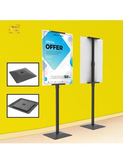 ขาตั้งโปสเตอร์เหล็ก แบบตรง ฐานพลาสติก-ขึ้นรูป เสริมแผ่นยางถ่วงน้ำหนัก โชว์งานพิมพ์ 2 ด้าน ปรับระดับได้ ถอดประกอบเคลื่อนย้ายสะดวก