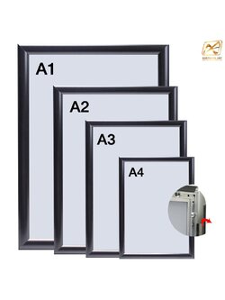 กรอบอะลูมิเนียม รุ่นA สีดำ ปิดทับด้วยแผ่นฟิล์มใส เฟรมเปิดออกได้ทั้ง4ด้าน ใส่งานพิมพ์ได้ง่าย (สั่งผลิตตามขนาดที่ต้องการได้)