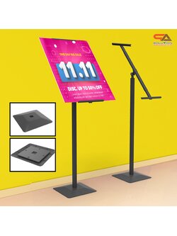 ขาตั้งโปสเตอร์เหล็ก แบบเอียง ฐานพลาสติก-ขึ้นรูป เสริมแผ่นยางถ่วงน้ำหนัก โชว์งานพิมพ์ 1 ด้าน ปรับระดับ-ปรับเอนได้ ถอดประกอบเคลื่อนย้ายสะดวก