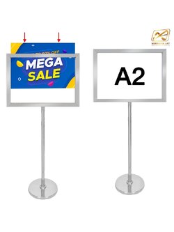 เช่าโปสเตอร์สแตนด์ สแตนเลสเกรด 201 ขนาด A2 ฐานกลม โชว์ภาพ2ด้าน พร้อมแผ่นเซลลูลอยด์ใสหนา 1 มม. 2 แผ่นประกบ สอดงานพิมพ์ด้านบน