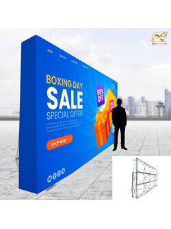 VINYL BACKDROP OUTDOOR บคดรอบไวนิล รุ่น 3x4 ขนาด (W)400 x (H)300 cm. โครงอะลูมิเนียมพร้อมขาค้ำยัน ถอดประกอบและพับเก็บได้ แข็งแรง เหมาะกับงานภายนอกอาคาร