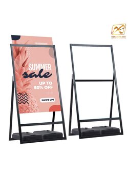 ป้ายตั้งพื้น พับได้ ฐานน้ำ ขนาด 80x120 cm. โชว์งานพิมพ์1ด้าน สอดงานพิมพ์ด้านบน พร้อมฐานน้ำถ่วงน้ำหนัก มั่นคง ไม่ล้ม