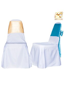 เช่าเก้าอี้บุนวม คลุมผ้าสีขาว ผูกโบว์สีทอง-สีฟ้า ( ขั้นต่ำ 10 ตัว )