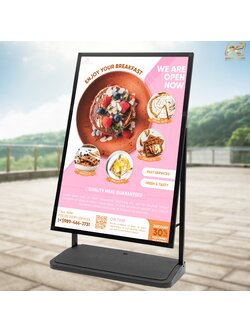 ป้ายตั้งพื้น ฐานน้ำ สีดำ พร้อมล้อ ขนาดงานพิมพ์ 80x120 ซม. สูง 143 ซม. โครงอะลูมิเนียม ถอดประกอบได้ เคลื่อนย้ายสะดวก