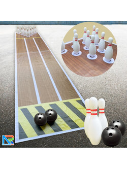 เกมส์โยนโบว์ลิ่งพร้อมผ้าใบ ขนาดโบว์ลิ่ง สูง 30 ซม. ขนาดผ้าใบ (W)100 x (L)497 cm. พร้อมพิน 10 อันและ ลูกบอลสีดำ 2 ลูก
