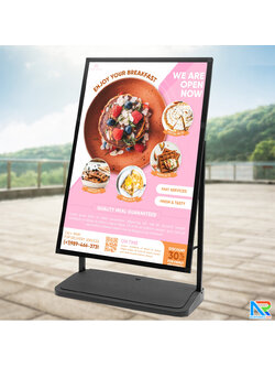 ป้ายตั้งพื้น ฐานน้ำ สีดำ พร้อมล้อ ขนาดงานพิมพ์ 80x120 ซม. สูง 143 ซม. โครงอะลูมิเนียม ถอดประกอบได้ เคลื่อนย้ายสะดวก