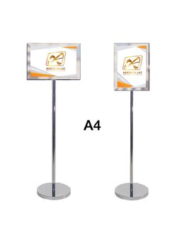 โปสเตอร์สแตนด์ สแตนเลส 304 ขนาด A4 ฐานกลม โชว์ภาพ2ด้าน พร้อมอะคริลิคใส 2 แผ่นประกบ