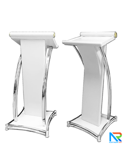 เช่าโพเดียมเหล็กสีขาว ขนาด 47x40x117 cm. ตกแต่งสแตนเลส เสาคู่ และฐาน