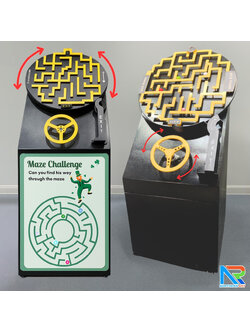 เกมส์เขาวงกต รุ่นพวงมาลัยรถ ขนาด (W)70 x (D)60 x (H)145 cm. โครงเหล็กพ่นสีอุตสาหกรรมพร้อมล้อเลื่อน ลูกแก้วคละสี 5 ลูก