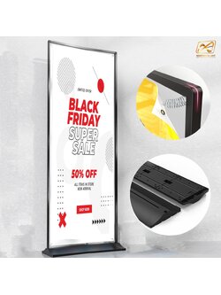 ป้ายตั้งพื้น รุ่นแขวน ฐานพลาสติกขึ้นรูป ขนาด 60x160 ซม. โครงเหล็กสีดำพร้อมขอแขวน 4 มุม ถอดประกอบได้ เคลื่อนย้ายสะดวก