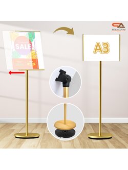 โปสเตอร์สแตนด์ ขนาด A3 สีทอง ฐานกลม เสาเดี่ยว สอดภาพจากด้านข้าง เปลี่ยนมุมเอน ปรับแนวตั้ง-แนวนอนได้