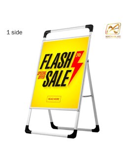 ป้ายตั้งพื้น อะลูมิเนียม รุ่นมีด้ามจับ ขนาด (W) 63 X (L) 83 X (H) 125 cm.พับเก็บได้ โชว์งานพิมพ์ 1 ด้าน