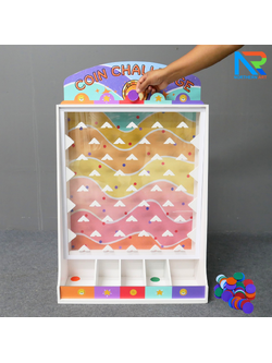 เช่าเกมส์หย่อนเหรียญตั้งโต๊ะ ขนาด (W)50 X (D)20 X (80) cm. วัสดุพลาสวูดหนา 8 มม. พร้อมเหรียญพลาสติกคละสี 10 เหรียญ