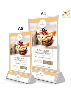 ป้ายตั้งโต๊ะ รุ่นT1 ขนาด A5และA4 ฐานสามเหลี่ยม อะลูมิเนียมสีบรอนซ์ อะคริลิคใสสำหรับสอดงานพิมพ์ ถอดประกอบได้