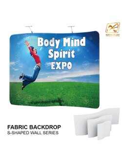 แบคดรอปผ้า Fabric Backdrop รุ่น S shaped ขนาด (W)243.8-596 x (H)228 cm.โครงอะลูมิเนียม ถอดประกอบได้ แถมฟรี! กระเป๋าใส่อุปกรณ์ 1 ใบ