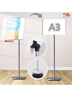 โปสเตอร์สแตนด์ ขนาด A3 สีเงิน ฐานกลม เสาเดี่ยว สอดภาพจากด้านข้าง เปลี่ยนมุมเอน ปรับแนวตั้ง-แนวนอนได้
